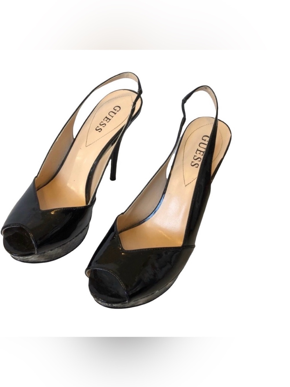 Guess High Heel Platforms in Black Patent Leather & Snakeskin accents size 7.5